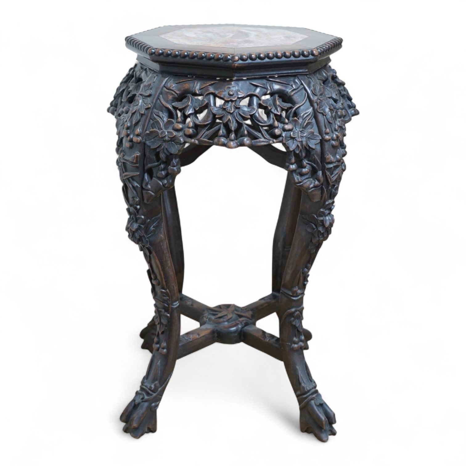 A late 19th/early 20th century Chinese marble inset hongmu jardinière stand, 60cm